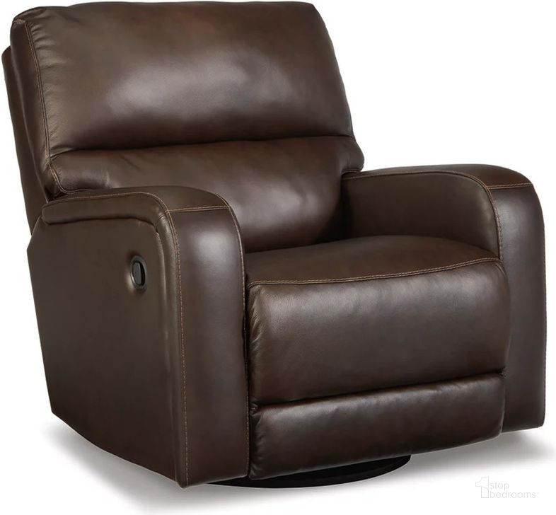 The appearance of Emberla Coffee Swivel Glider Recliner designed by Signature Design by Ashley in the modern / contemporary interior design. This coffee piece of furniture  was selected by 1StopBedrooms from Emberla Collection to add a touch of cosiness and style into your home. Sku: U4480561. Product Type: Recliner. Material: Leather Match. Image1