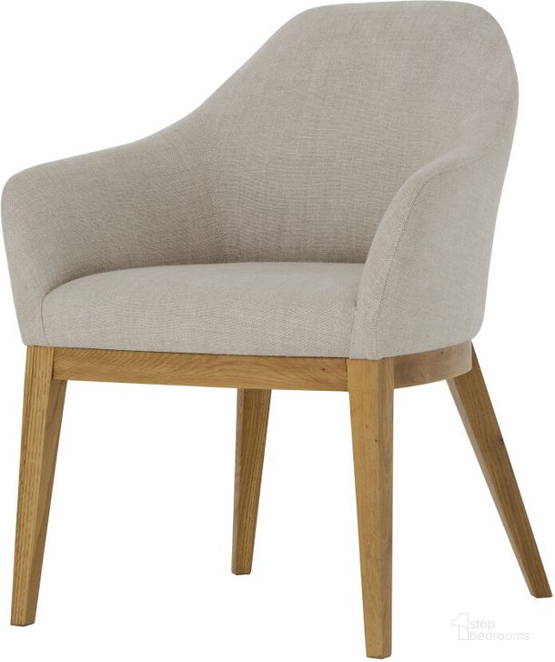 The appearance of Emerson Dining Arm Chair In Marbella Oatmeal designed by Sonder Living in the modern / contemporary interior design. This ivory and white piece of furniture  was selected by 1StopBedrooms from Emerson Collection to add a touch of cosiness and style into your home. Sku: FG0802513. Product Type: Arm Chair. Material: Plywood. Image1