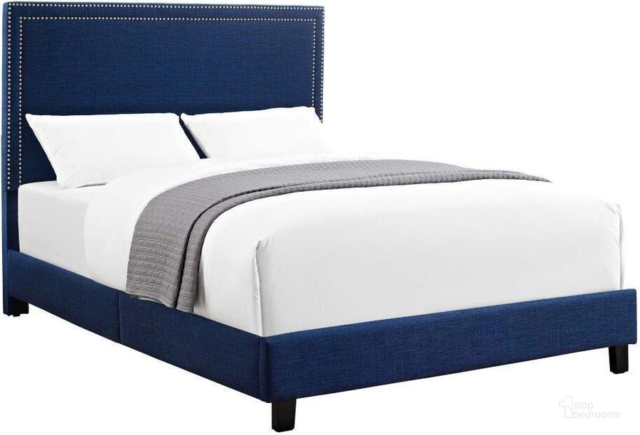 The appearance of Emery Blue Queen Upholstered Platform Bed designed by Picket House in the transitional interior design. This blue piece of furniture  was selected by 1StopBedrooms from Emery Collection to add a touch of cosiness and style into your home. Sku: UMY080QB. Bed Type: Platform Bed. Material: Wood. Product Type: Platform Bed. Bed Size: Queen. Image1