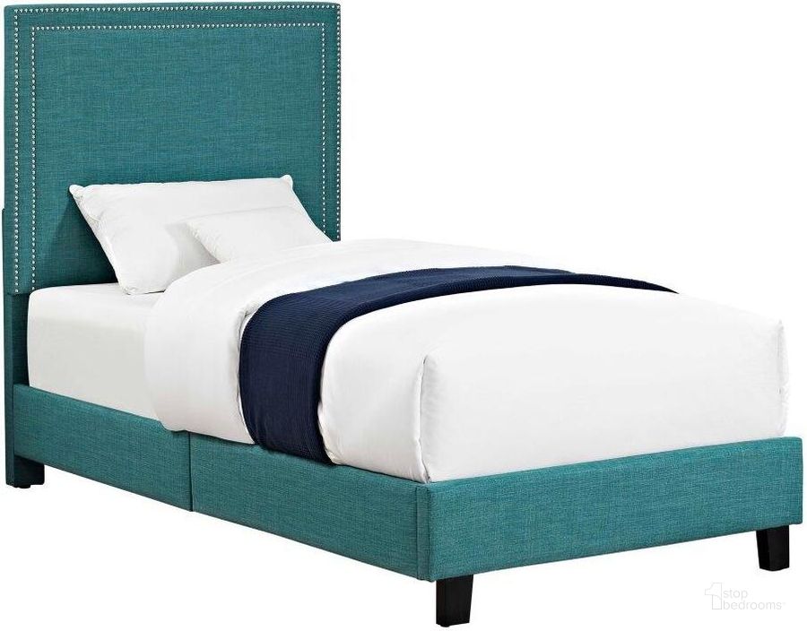 The appearance of Emery Teal Twin Upholstered Platform Bed designed by Picket House in the transitional interior design. This teal piece of furniture  was selected by 1StopBedrooms from Emery Collection to add a touch of cosiness and style into your home. Sku: UMY087TB. Bed Type: Platform Bed. Material: Wood. Product Type: Platform Bed. Bed Size: Twin. Image1