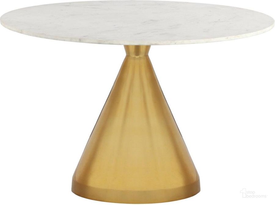The appearance of Emery White Marble Dining Table designed by Meridian in the modern / contemporary interior design. This white and gold piece of furniture  was selected by 1StopBedrooms from Emery Collection to add a touch of cosiness and style into your home. Sku: 885-T-1;885-T-2. Table Base Style: Pedestal. Table Top Shape: Round. Product Type: Dining Table. Material: Stainless Steel. Image1