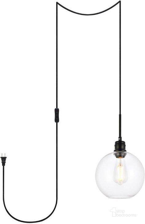 The appearance of Emett 1 Light Black And Clear Glass Plug In Pendant designed by Elegant Lighting in the transitional interior design. This black piece of furniture  was selected by 1StopBedrooms from Emett Collection to add a touch of cosiness and style into your home. Sku: LDPG6204BK. Product Type: Pendant Lighting. Material: Iron. Image1