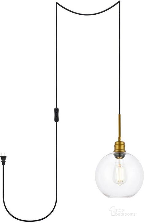 The appearance of Emett 1 Light Brass And Clear Glass Plug In Pendant designed by Elegant Lighting in the transitional interior design. This brass piece of furniture  was selected by 1StopBedrooms from Emett Collection to add a touch of cosiness and style into your home. Sku: LDPG6206BR. Product Type: Pendant Lighting. Material: Iron. Image1