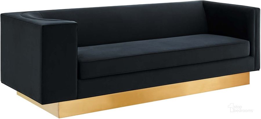 The appearance of Eminence Upholstered Performance Velvet Sofa In Black designed by Modway in the modern / contemporary interior design. This black piece of furniture  was selected by 1StopBedrooms from Eminence Collection to add a touch of cosiness and style into your home. Sku: EEI-5016-BLK. Product Type: Sofa. Material: Stainless Steel. Image1