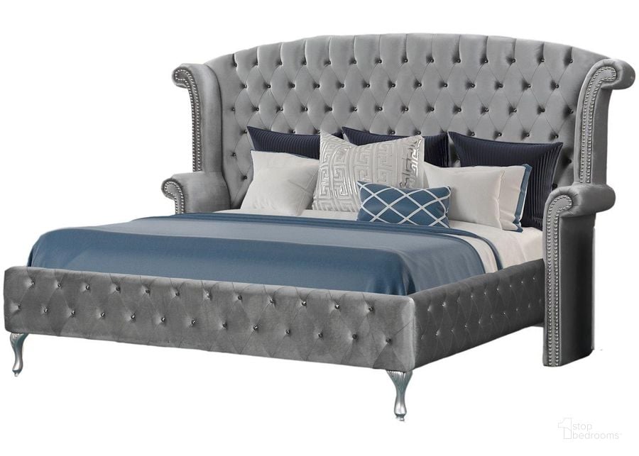 The appearance of Emma Crushed Velvet California King Bed In Gray designed by Best Master Furniture in the transitional interior design. This gray piece of furniture  was selected by 1StopBedrooms from Emma Collection to add a touch of cosiness and style into your home. Sku: B1981GCK. Bed Type: Platform Bed. Product Type: Platform Bed. Bed Size: California King. Material: Velvet. Image1