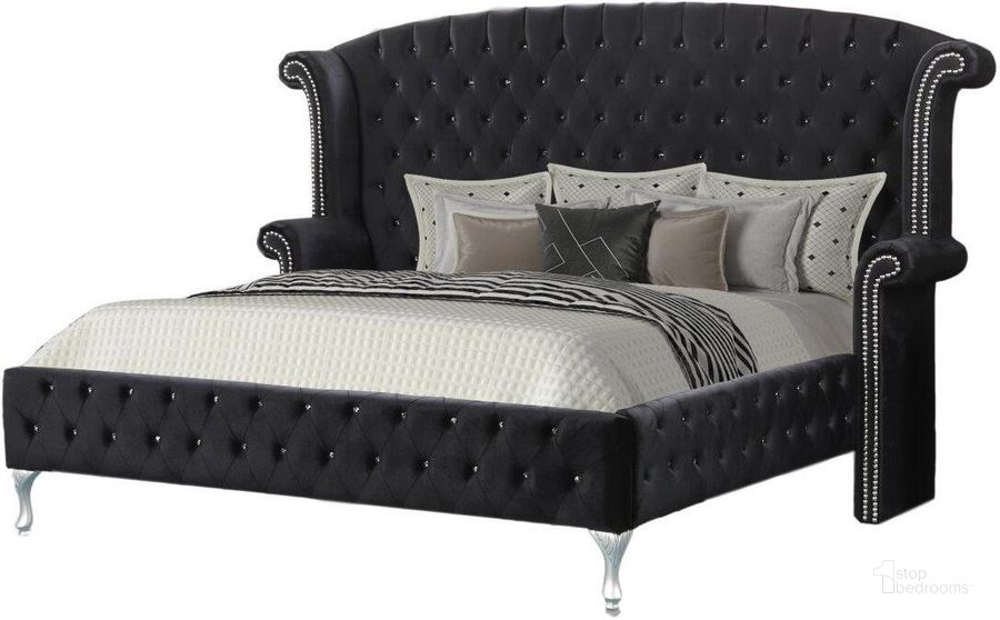 The appearance of Emma Velvet King Bed With Crystal Like Studs In Black designed by Best Master Furniture in the transitional interior design. This black piece of furniture  was selected by 1StopBedrooms from Emma Collection to add a touch of cosiness and style into your home. Sku: B1981BEK. Bed Type: Platform Bed. Product Type: Platform Bed. Bed Size: King. Material: Velvet. Image1