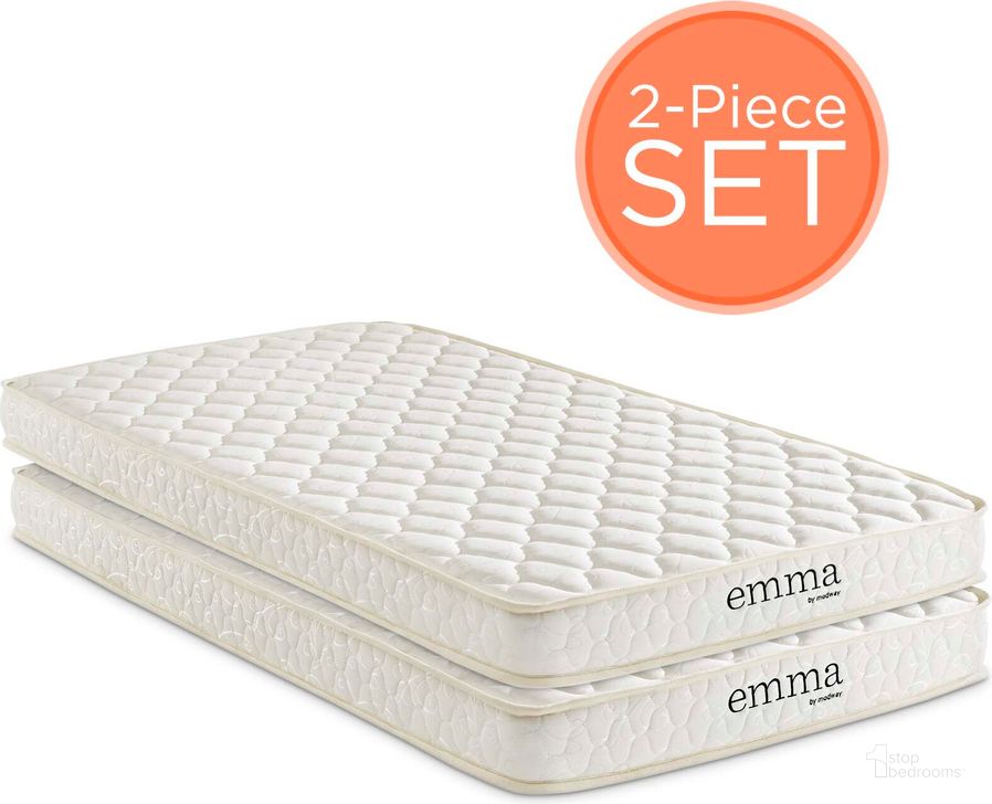 The appearance of Emma White 6 Inch Twin Mattress Foam Set of 2 designed by Modway in the modern / contemporary interior design. This white piece of furniture  was selected by 1StopBedrooms from Emma Collection to add a touch of cosiness and style into your home. Sku: MOD-6099-WHI. Product Type: Mattress. Size: Twin. Comfort Level: Firm. Mattress Top: Tight Top. Mattress Type: Memory Foam. Comfort Level: Firm. Mattress Thickness: 6". Material: Foam. Image1