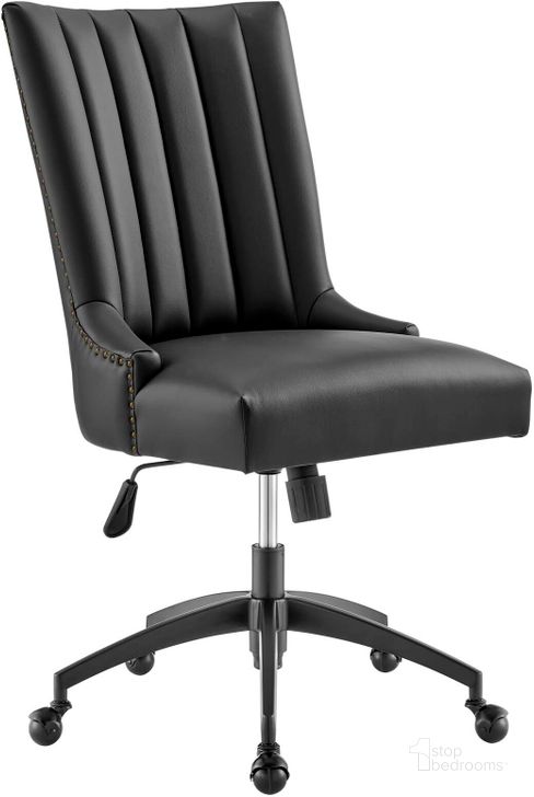 The appearance of Empower Channel Tufted Vegan Leather Office Chair EEI-4577-BLK-BLK designed by Modway in the modern / contemporary interior design. This black black piece of furniture  was selected by 1StopBedrooms from Empower Collection to add a touch of cosiness and style into your home. Sku: EEI-4577-BLK-BLK. Material: Wood. Product Type: Office Chair. Image1