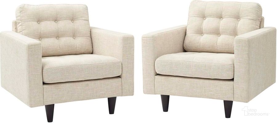 The appearance of Empress Beige Arm Chair Upholstered Fabric Set of 2 designed by Modway in the modern / contemporary interior design. This beige piece of furniture  was selected by 1StopBedrooms from Empress Collection to add a touch of cosiness and style into your home. Sku: EEI-1283-BEI. Material: Polyester. Product Type: Living Room Chair. Image1