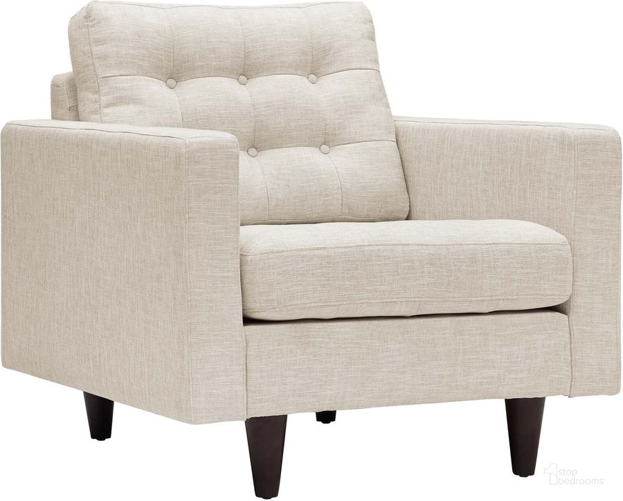 The appearance of Empress Beige Upholstered Fabric Arm Chair designed by Modway in the modern / contemporary interior design. This beige piece of furniture  was selected by 1StopBedrooms from Empress Collection to add a touch of cosiness and style into your home. Sku: EEI-1013-BEI. Material: Polyester. Product Type: Living Room Chair. Image1