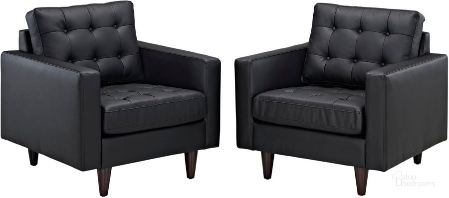 The appearance of Empress Black Arm Chair Leather Set of 2 EEI-1282-BLK designed by Modway in the modern / contemporary interior design. This black piece of furniture  was selected by 1StopBedrooms from Empress Collection to add a touch of cosiness and style into your home. Sku: EEI-1282-BLK. Material: Leather. Product Type: Living Room Chair. Image1