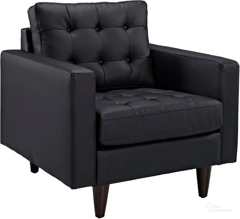The appearance of Empress Black Bonded Leather Arm Chair EEI-1012-BLK designed by Modway in the modern / contemporary interior design. This black piece of furniture  was selected by 1StopBedrooms from Empress Collection to add a touch of cosiness and style into your home. Sku: EEI-1012-BLK. Material: Leather. Product Type: Living Room Chair. Image1