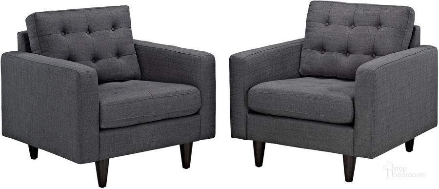 The appearance of Empress Gray Arm Chair Upholstered Fabric Set of 2 designed by Modway in the modern / contemporary interior design. This gray piece of furniture  was selected by 1StopBedrooms from Empress Collection to add a touch of cosiness and style into your home. Sku: EEI-1283-DOR. Material: Polyester. Product Type: Living Room Chair. Image1