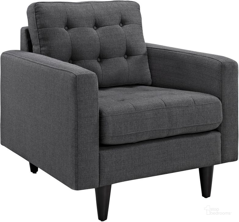 The appearance of Empress Gray Upholstered Fabric Arm Chair designed by Modway in the modern / contemporary interior design. This gray piece of furniture  was selected by 1StopBedrooms from Empress Collection to add a touch of cosiness and style into your home. Sku: EEI-1013-DOR. Material: Polyester. Product Type: Living Room Chair. Image1