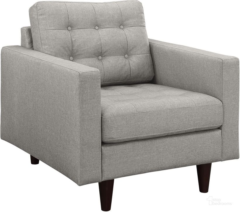 The appearance of Empress Light Gray Upholstered Fabric Arm Chair designed by Modway in the modern / contemporary interior design. This light gray piece of furniture  was selected by 1StopBedrooms from Empress Collection to add a touch of cosiness and style into your home. Sku: EEI-1013-LGR. Material: Polyester. Product Type: Living Room Chair. Image1
