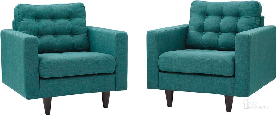 The appearance of Empress Teal Arm Chair Upholstered Fabric Set of 2 designed by Modway in the modern / contemporary interior design. This teal piece of furniture  was selected by 1StopBedrooms from Empress Collection to add a touch of cosiness and style into your home. Sku: EEI-1283-TEA. Material: Polyester. Product Type: Living Room Chair. Image1