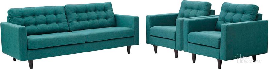 The appearance of Empress Teal Sofa and Arm Chairs Set of 3 designed by Modway in the modern / contemporary interior design. This teal piece of furniture  was selected by 1StopBedrooms from Empress Collection to add a touch of cosiness and style into your home. Sku: EEI-1314-TEA. Material: Polyester. Product Type: Living Room Chair. Image1