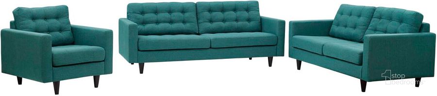 The appearance of Empress Teal Sofa Loveseat and Arm Chair Set of 3 designed by Modway in the modern / contemporary interior design. This teal piece of furniture  was selected by 1StopBedrooms from Empress Collection to add a touch of cosiness and style into your home. Sku: EEI-3316-TEA. Material: Polyester. Product Type: Living Room Chair. Image1