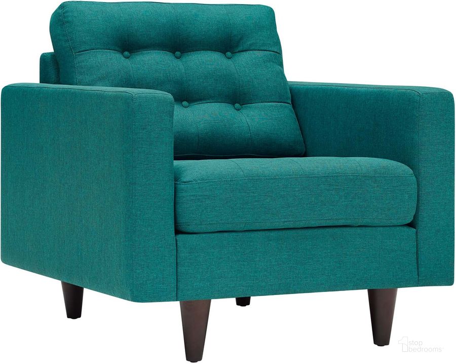 The appearance of Empress Teal Upholstered Fabric Arm Chair designed by Modway in the modern / contemporary interior design. This teal piece of furniture  was selected by 1StopBedrooms from Empress Collection to add a touch of cosiness and style into your home. Sku: EEI-1013-TEA. Material: Polyester. Product Type: Living Room Chair. Image1