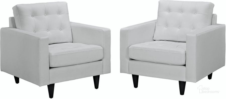 The appearance of Empress White Arm Chair Leather Set of 2 designed by Modway in the modern / contemporary interior design. This white piece of furniture  was selected by 1StopBedrooms from Empress Collection to add a touch of cosiness and style into your home. Sku: EEI-1282-WHI. Material: Leather. Product Type: Living Room Chair. Image1