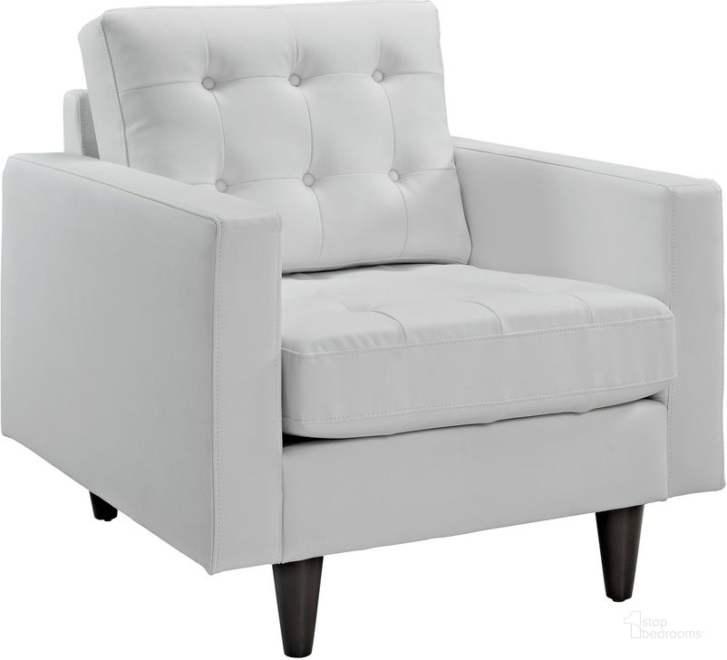 The appearance of Empress White Bonded Leather Arm Chair designed by Modway in the modern / contemporary interior design. This white piece of furniture  was selected by 1StopBedrooms from Empress Collection to add a touch of cosiness and style into your home. Sku: EEI-1012-WHI. Material: Leather. Product Type: Living Room Chair. Image1