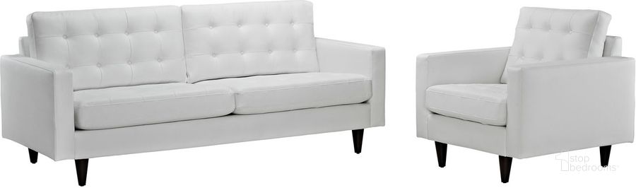 The appearance of Empress White Sofa and Arm Chair Set of 2 designed by Modway in the modern / contemporary interior design. This white piece of furniture  was selected by 1StopBedrooms from Empress Collection to add a touch of cosiness and style into your home. Sku: EEI-1311-WHI. Material: Aluminum. Product Type: Living Room Chair. Image1