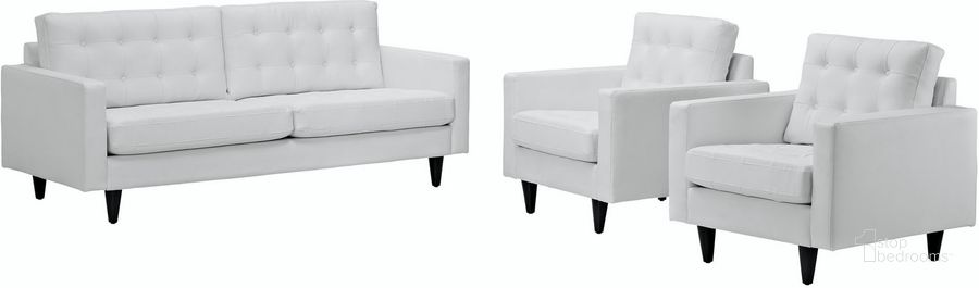 The appearance of Empress White Sofa and Arm Chairs Set of 3 designed by Modway in the modern / contemporary interior design. This white piece of furniture  was selected by 1StopBedrooms from Empress Collection to add a touch of cosiness and style into your home. Sku: EEI-1312-WHI. Material: Aluminum. Product Type: Living Room Chair. Image1