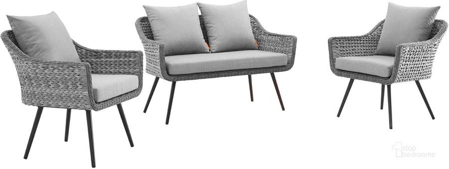 The appearance of Endeavor Gray 3 Piece Outdoor Patio Wicker Rattan Sectional Sofa Set EEI-3175-GRY-GRY-SET designed by Modway in the modern / contemporary interior design. This gray piece of furniture  was selected by 1StopBedrooms from Endeavor Collection to add a touch of cosiness and style into your home. Sku: EEI-3175-GRY-GRY-SET. Material: Aluminum. Product Type: Outdoor Sofa. Image1