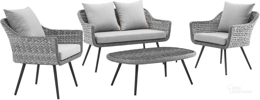 The appearance of Endeavor Gray 4 Piece Outdoor Patio Wicker Rattan Sectional Sofa Set designed by Modway in the modern / contemporary interior design. This gray piece of furniture  was selected by 1StopBedrooms from Endeavor Collection to add a touch of cosiness and style into your home. Sku: EEI-3177-GRY-GRY-SET. Material: Aluminum. Product Type: Outdoor Sofa. Image1
