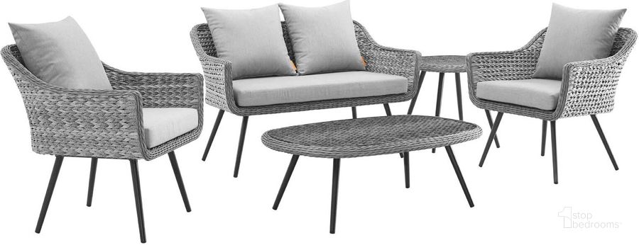 The appearance of Endeavor Gray 5 Piece Outdoor Patio Wicker Rattan Sectional Sofa Set designed by Modway in the modern / contemporary interior design. This gray piece of furniture  was selected by 1StopBedrooms from Endeavor Collection to add a touch of cosiness and style into your home. Sku: EEI-3178-GRY-GRY-SET. Material: Aluminum. Product Type: Outdoor Sofa. Image1