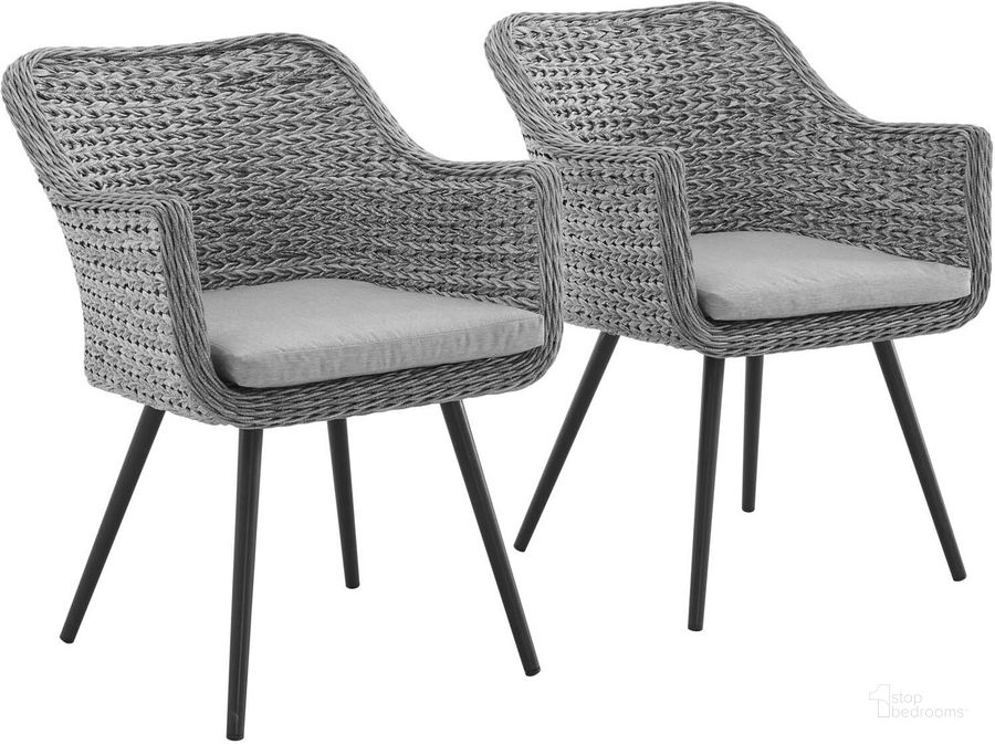 The appearance of Endeavor Gray Dining Arm Chair Outdoor Patio Wicker Rattan Set of 2 designed by Modway in the modern / contemporary interior design. This gray piece of furniture  was selected by 1StopBedrooms from Endeavor Collection to add a touch of cosiness and style into your home. Sku: EEI-3181-GRY-GRY-SET. Product Type: Outdoor Dining Chair. Material: Foam. Image1