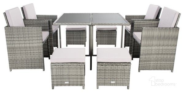 The appearance of Enerson Outdoor Dining Set in Grey and Grey designed by Safavieh in the modern / contemporary interior design. This grey and grey piece of furniture  was selected by 1StopBedrooms from Enerson Collection to add a touch of cosiness and style into your home. Sku: PAT7523B-2BX. Table Base Style: Trestle. Table Top Shape: Square. Material: Steel. Product Type: Outdoor Dining Set. Image1