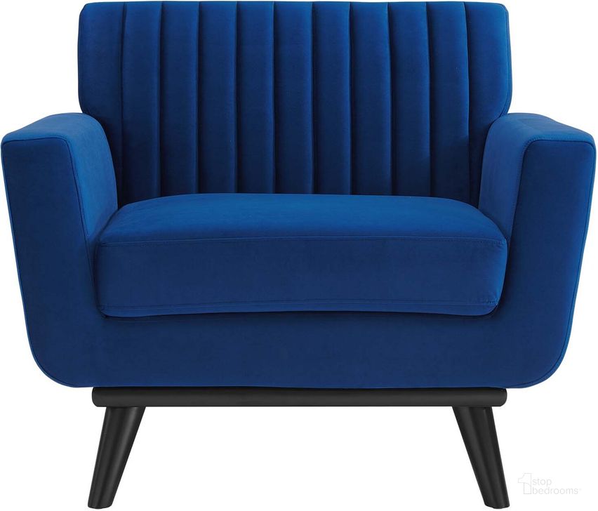 The appearance of Engage Channel Tufted Performance Velvet Arm Chair EEI-5457-NAV designed by Modway in the modern / contemporary interior design. This navy piece of furniture  was selected by 1StopBedrooms from Engage Collection to add a touch of cosiness and style into your home. Sku: EEI-5457-NAV. Product Type: Living Room Chair. Material: Rubberwood. Image1