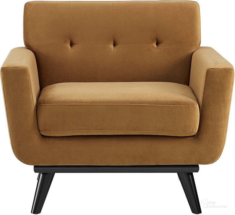 The appearance of Engage Performance Velvet Arm Chair In Cognac designed by Modway in the modern / contemporary interior design. This cognac piece of furniture  was selected by 1StopBedrooms from Engage Collection to add a touch of cosiness and style into your home. Sku: EEI-5598-COG. Material: Wood. Product Type: Living Room Chair. Image1