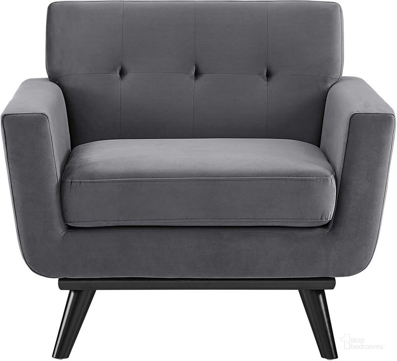 The appearance of Engage Performance Velvet Arm Chair In Gray designed by Modway in the modern / contemporary interior design. This gray piece of furniture  was selected by 1StopBedrooms from Engage Collection to add a touch of cosiness and style into your home. Sku: EEI-5598-GRY. Material: Wood. Product Type: Living Room Chair. Image1