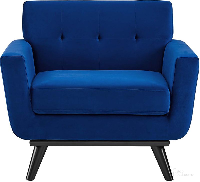 The appearance of Engage Performance Velvet Arm Chair In Navy designed by Modway in the modern / contemporary interior design. This navy piece of furniture  was selected by 1StopBedrooms from Engage Collection to add a touch of cosiness and style into your home. Sku: EEI-5598-NAV. Material: Wood. Product Type: Living Room Chair. Image1