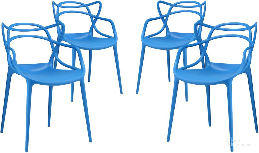 The appearance of Entangled Blue Dining Set Set of 4 designed by Modway in the modern / contemporary interior design. This blue piece of furniture  was selected by 1StopBedrooms from Entangled Collection to add a touch of cosiness and style into your home. Sku: EEI-2348-BLU-SET. Product Type: Dining Chair. Material: Plastic. Image1