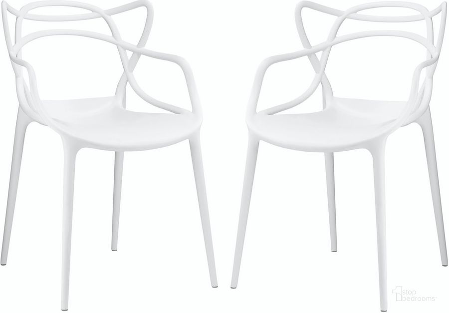The appearance of Entangled Dining Chair Set of 2 EEI-2347-WHI-SET designed by Modway in the modern / contemporary interior design. This white piece of furniture  was selected by 1StopBedrooms from Entangled Collection to add a touch of cosiness and style into your home. Sku: EEI-2347-WHI-SET. Product Type: Dining Chair. Material: Plastic. Image1