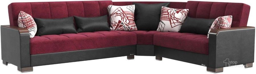 The appearance of Entario Burgundy Sectional 0qd24538639 designed by FineForm in the modern / contemporary interior design. This burgundy piece of furniture  was selected by 1StopBedrooms from Entario Collection to add a touch of cosiness and style into your home. Sku: ARM-W-SEC-310. Material: Microfiber. Product Type: Sectional. Layout: L-Shape. Image1