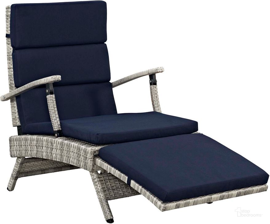 The appearance of Envisage Light Gray Navy Chaise Outdoor Patio Wicker Rattan Lounge Chair designed by Modway in the modern / contemporary interior design. This light gray navy piece of furniture  was selected by 1StopBedrooms from Envisage Collection to add a touch of cosiness and style into your home. Sku: EEI-2301-LGR-NAV. Product Type: Outdoor Chair. Material: Foam. Image1