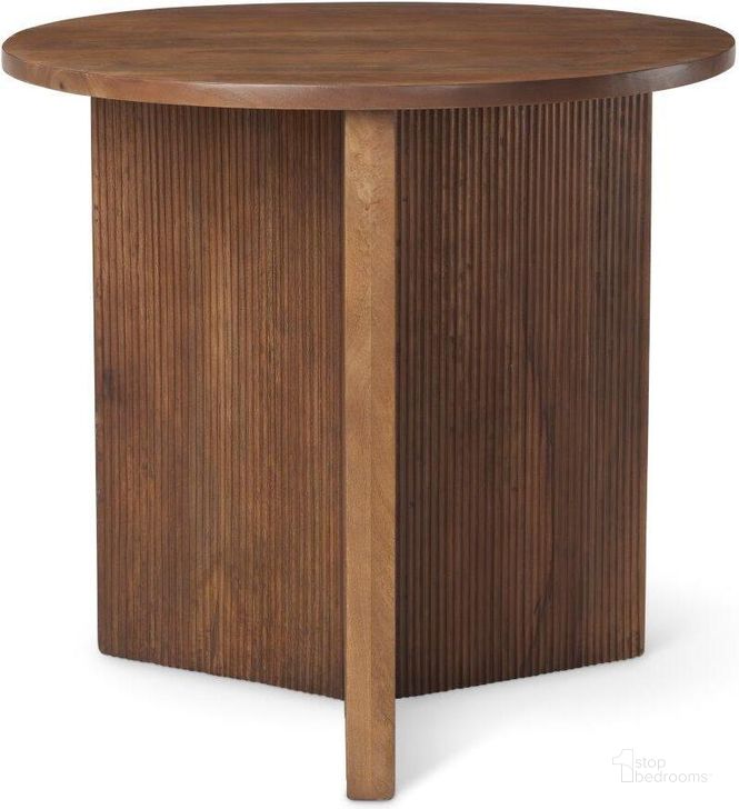The appearance of Enzo 32 Inch Round Tabletop With Fluted Wood Base Foyer Accent Table designed by Mercana in the modern / contemporary interior design. This brown piece of furniture  was selected by 1StopBedrooms from Enzo Collection to add a touch of cosiness and style into your home. Sku: 69921. Material: Wood. Product Type: Accent Table. Image1