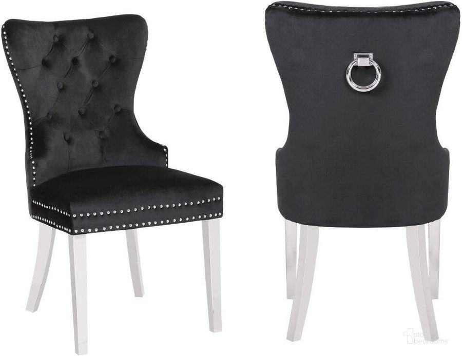 The appearance of Erica 2 Piece Stainless Steel Legs Chair Finish With Velvet Fabric In Black designed by Galaxy Home Furnishings in the modern / contemporary interior design. This black piece of furniture  was selected by 1StopBedrooms from Erica Collection to add a touch of cosiness and style into your home. Sku: 808857623171. Product Type: Dining Chair. Material: Velvet. Image1