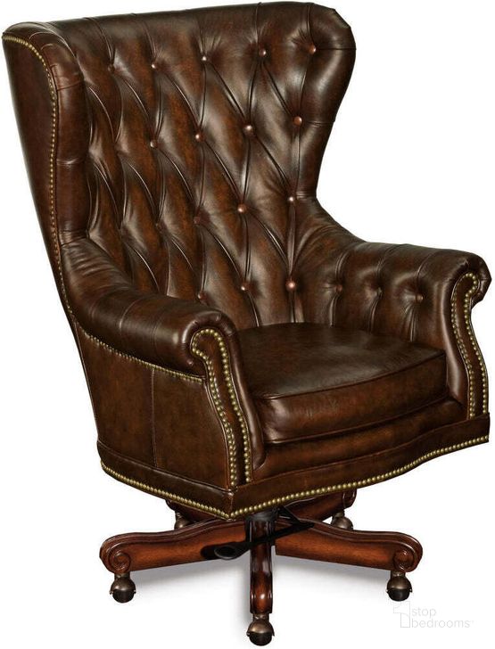 The appearance of Erin Brown Leather Executive Swivel Tilt Chair designed by Hooker in the traditional interior design. This brown piece of furniture  was selected by 1StopBedrooms from Erin Collection to add a touch of cosiness and style into your home. Sku: EC362-201. Material: Leather. Product Type: Executive Chair. Image1