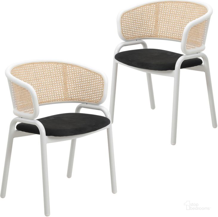 The appearance of Ervilla Dining Chair Set of 2 with White Steel Legs and Wicker Back In Black designed by LeisureMod in the modern / contemporary interior design. This black piece of furniture  was selected by 1StopBedrooms from Ervilla Collection to add a touch of cosiness and style into your home. Sku: ECW-20BL2. Material: Steel. Product Type: Dining Chair. Image1