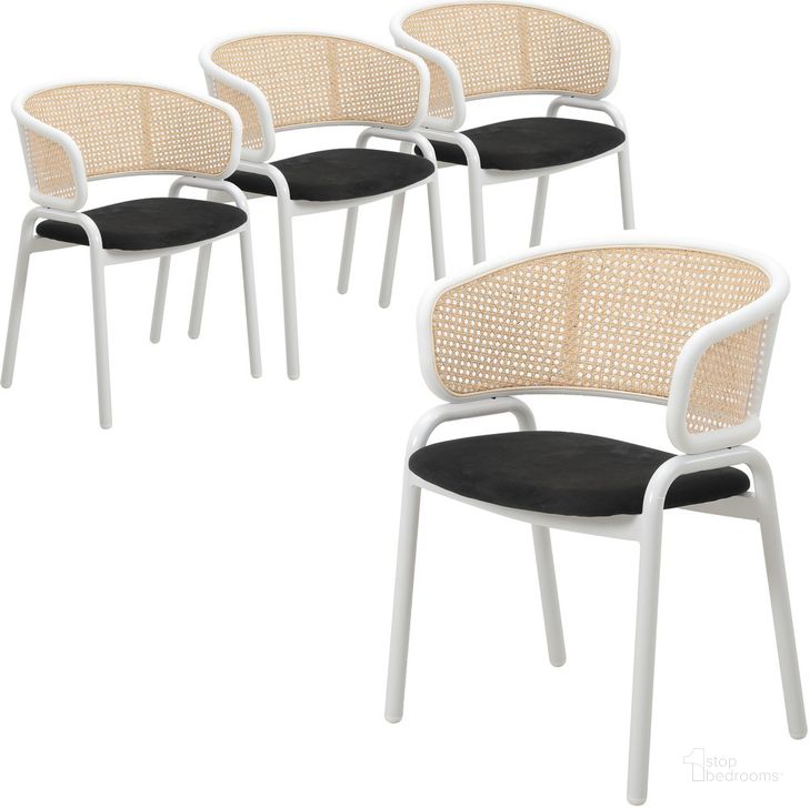The appearance of Ervilla Dining Chair Set of 4 with White Steel Legs and Wicker Back In Black designed by LeisureMod in the modern / contemporary interior design. This black piece of furniture  was selected by 1StopBedrooms from Ervilla Collection to add a touch of cosiness and style into your home. Sku: ECW-20BL4. Material: Steel. Product Type: Dining Chair. Image1