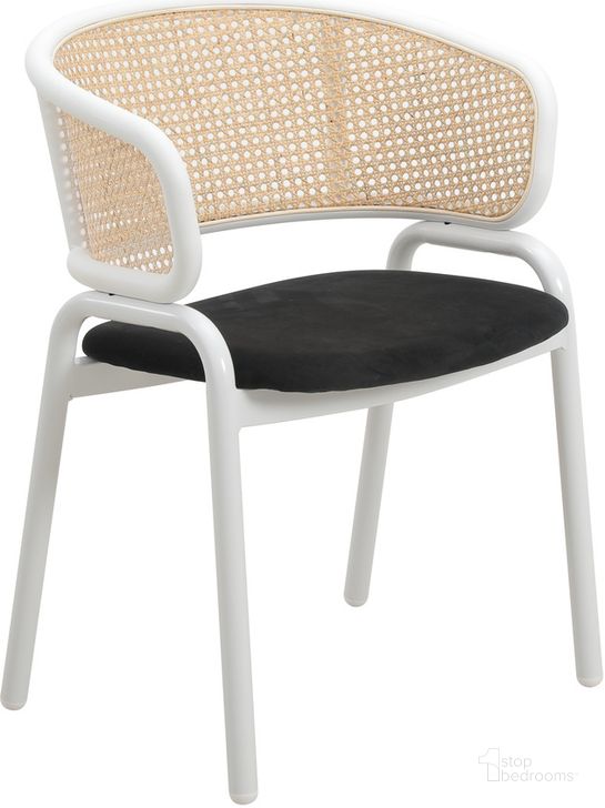 The appearance of Ervilla Dining Chair with White Steel Legs and Wicker Back In Black designed by LeisureMod in the modern / contemporary interior design. This black piece of furniture  was selected by 1StopBedrooms from Ervilla Collection to add a touch of cosiness and style into your home. Sku: ECW-20BL. Material: Steel. Product Type: Dining Chair. Image1