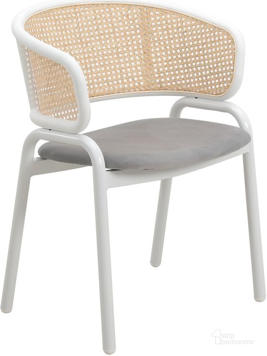 The appearance of Ervilla Dining Chair with White Steel Legs and Wicker Back In Grey designed by LeisureMod in the modern / contemporary interior design. This grey piece of furniture  was selected by 1StopBedrooms from Ervilla Collection to add a touch of cosiness and style into your home. Sku: ECW-20GR. Material: Steel. Product Type: Dining Chair. Image1