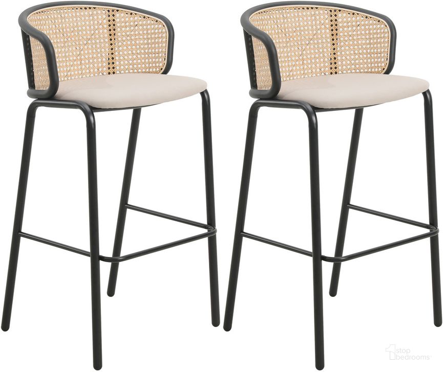 The appearance of Ervilla Wicker Bar Stool Set of 2 with Fabric Seat and Black Steel Frame In Beige designed by LeisureMod in the transitional interior design. This beige piece of furniture  was selected by 1StopBedrooms from Ervilla Collection to add a touch of cosiness and style into your home. Sku: EBBL-31BG2. Material: Steel. Product Type: Barstool. Image1
