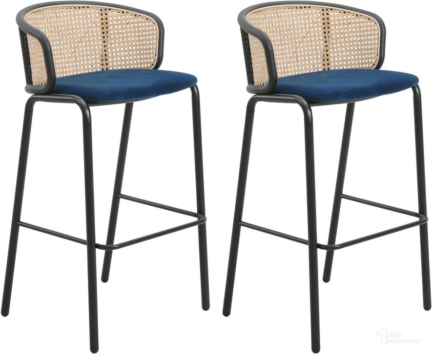 The appearance of Ervilla Wicker Bar Stool Set of 2 with Fabric Seat and Black Steel Frame In Navy Blue designed by LeisureMod in the transitional interior design. This navy blue piece of furniture  was selected by 1StopBedrooms from Ervilla Collection to add a touch of cosiness and style into your home. Sku: EBBL-31NBU2. Material: Steel. Product Type: Barstool. Image1