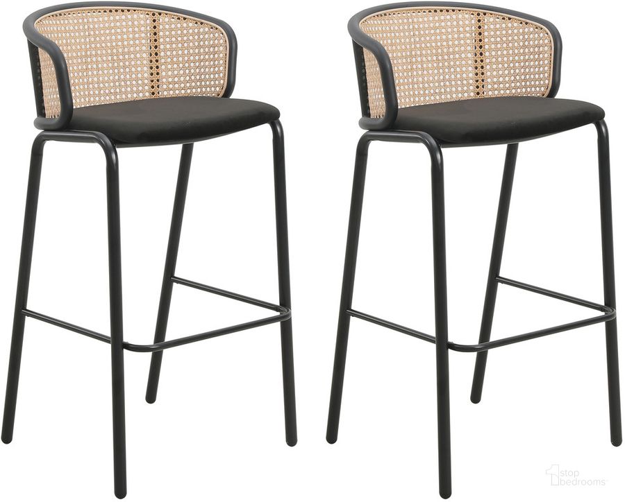 The appearance of Ervilla Wicker Bar Stool Set of 2 with Fabric Seat and Steel Frame In Black designed by LeisureMod in the transitional interior design. This black piece of furniture  was selected by 1StopBedrooms from Ervilla Collection to add a touch of cosiness and style into your home. Sku: EBBL-31BL2. Material: Steel. Product Type: Barstool. Image1